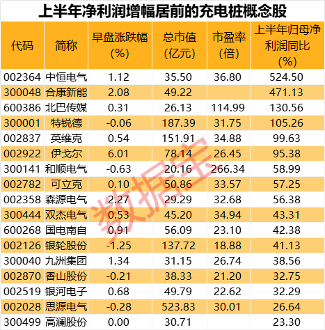 龙头快速涨停，充电桩板块上涨！业绩增长的概念股名单出炉