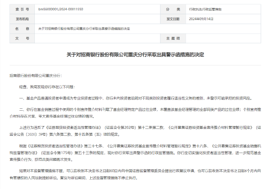 招商银行重庆市分行被出具警示函：因个别宣传推介材料存在片面、夸大宣传基金经理过往业绩等问题