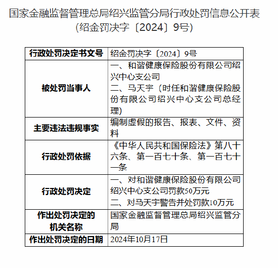 和谐健康保险绍兴中心支公司被罚50万元：编制虚假的报告、报表、文件、资料